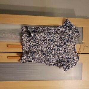 100% Linen Romantic Bohemian Shirttail Hem Cropped Short Sleeve Floral Top Large